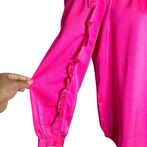 J. Crew Bright Pink Satin Crepe Ruffle Sleeve Top 3/4 Sleeve Small NWT - Picture 3 of 8
